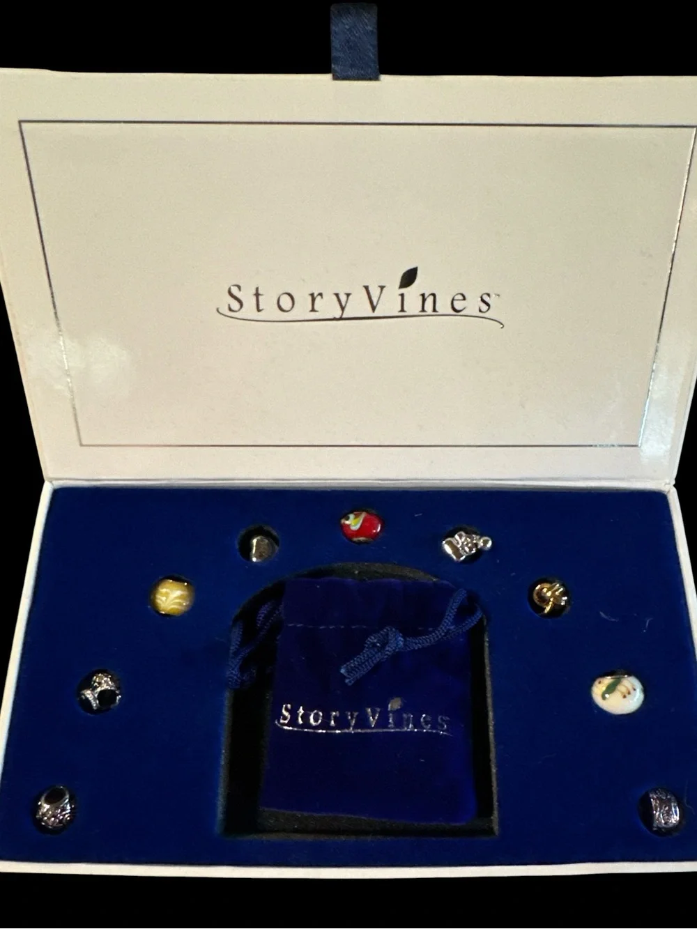 StoryVines set of 9 925 charms & a 16” long necklace in Blue Velvet original box